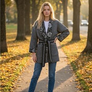 Upcycled Quilt Gray Black Floral Trim Belted Jacket